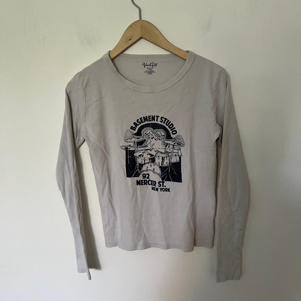 John Galt Brandy Melville Grey Basement Studio Graphic Ribbed Long Sleeve Tee OS